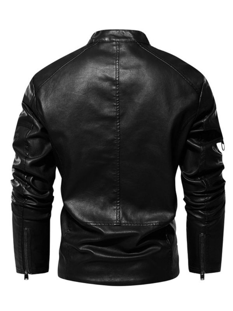 Vestes Cuir Pour Hommes Fermeture Éclair Pu Épaissir Moto Élégant Couches Café Marron - Noir