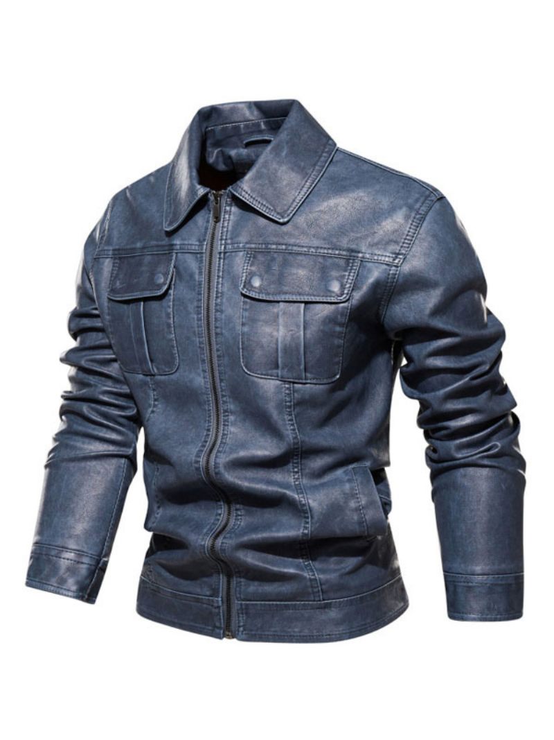 Vestes Cuir Pour Hommes Fermeture Éclair Pu Épaissir Moto Mode Couches Bleu Éblouissant - Bleu Éblouissant