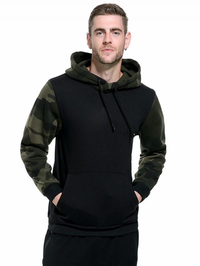 Sweat À Capuche Homme Manches Longues Camouflage Polyester Noir