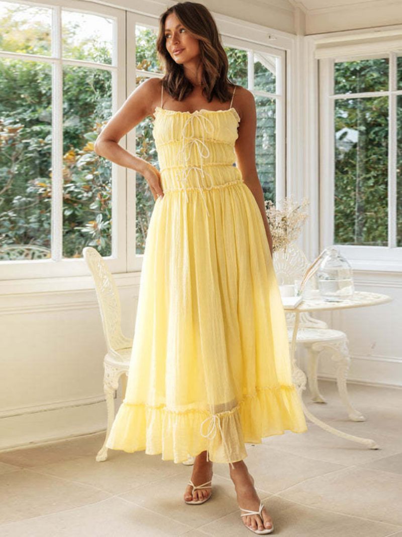 Robe Boho Pour Femmes Bretelles Spaghetti Sans Manches Robes Maxi D'été Bicolores - Jaune