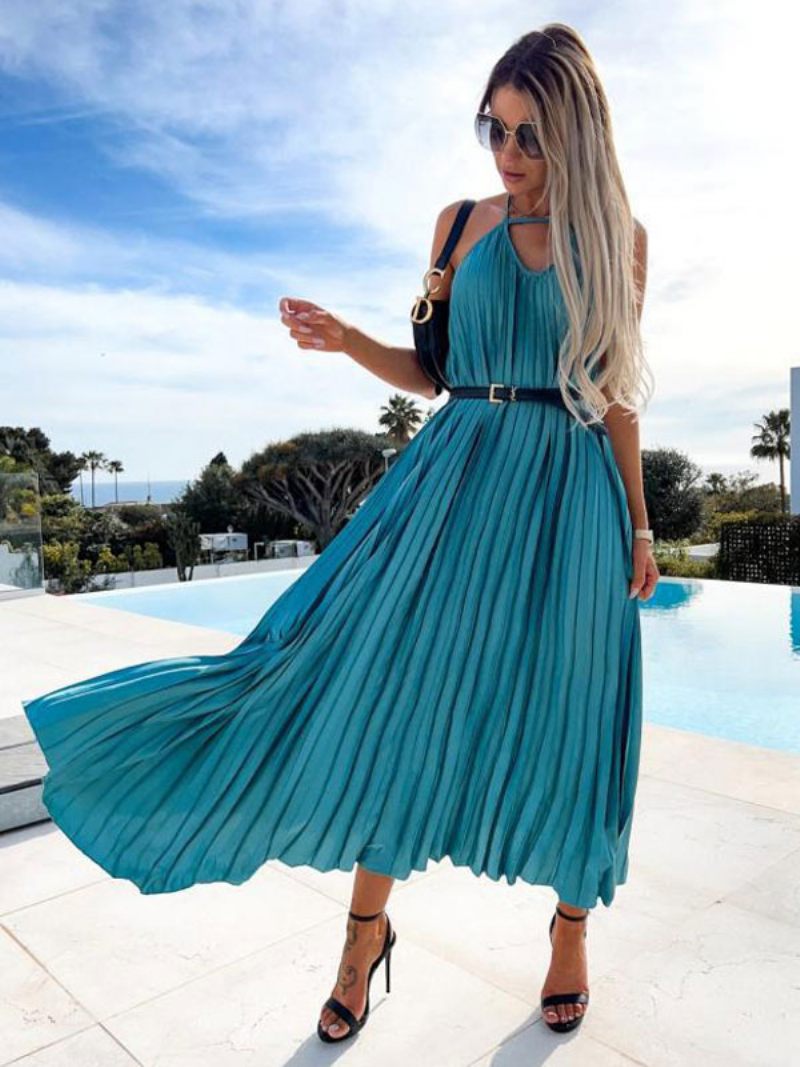 Robe Boho Pour Femmes Col V Sans Manches D'été - Bleu