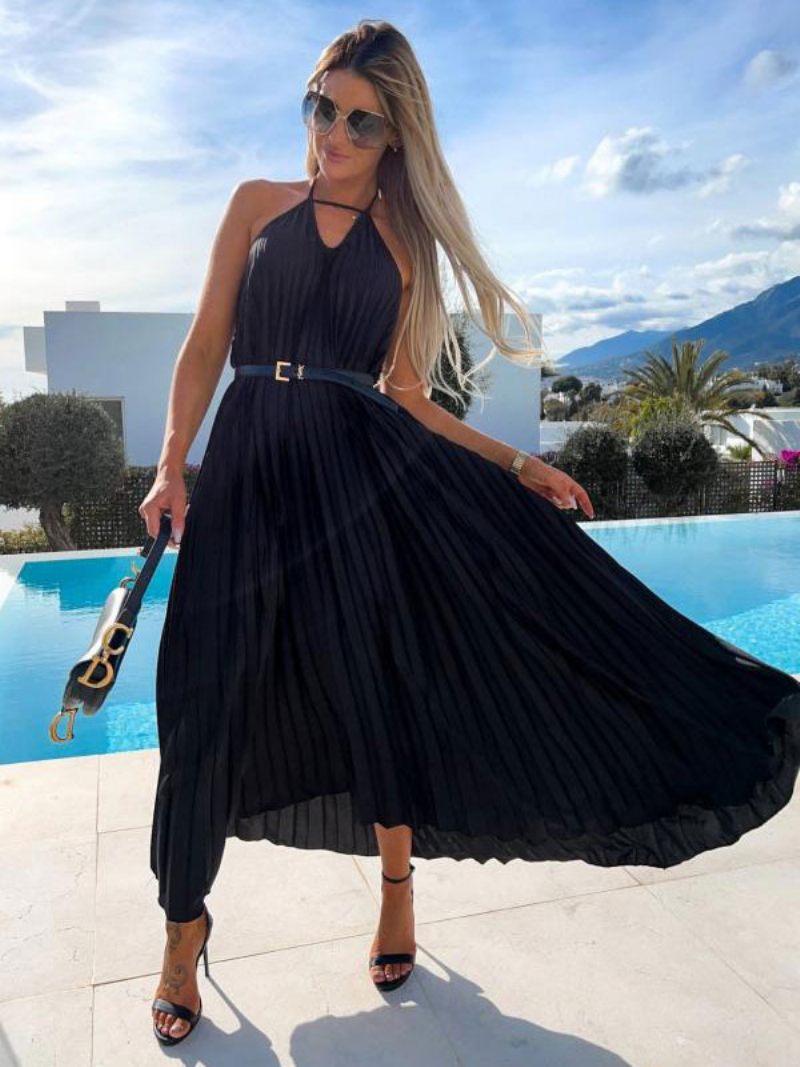 Robe Boho Pour Femmes Col V Sans Manches D'été - Noir