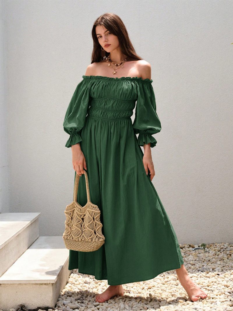 Robe À Épaules Dénudées Pour Femmes Plissée Robes Longues Décontractées Quotidiennes Vert