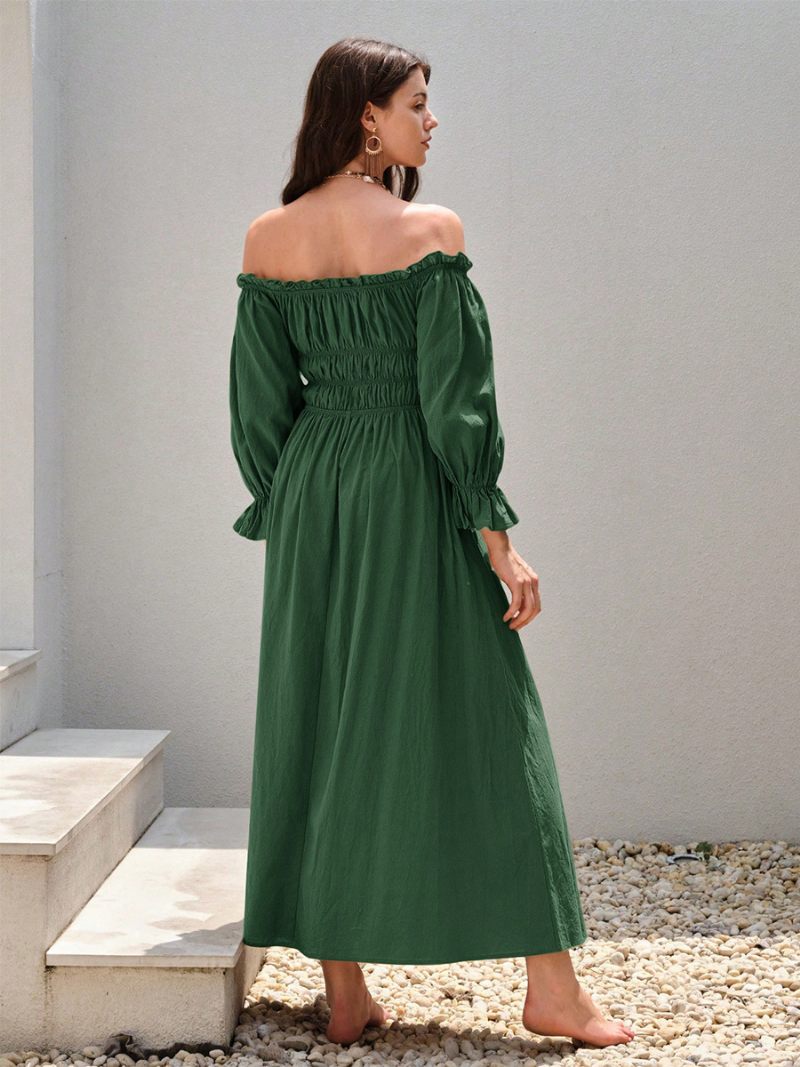 Robe À Épaules Dénudées Pour Femmes Plissée Robes Longues Décontractées Quotidiennes Vert - Vert