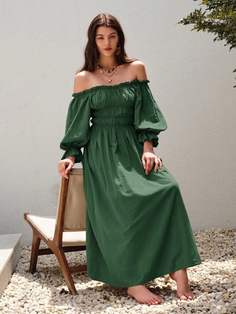 Robe À Épaules Dénudées Pour Femmes Plissée Robes Longues Décontractées Quotidiennes Vert - Vert