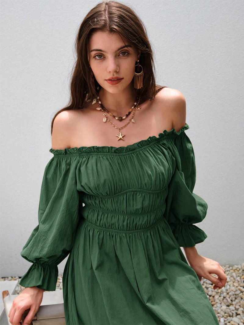 Robe À Épaules Dénudées Pour Femmes Plissée Robes Longues Décontractées Quotidiennes Vert - Vert