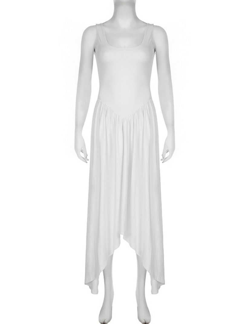 Robe D'été Blanche Pour Femmes Sans Manches Col U Bas Plissés Longues Robes Plage - Blanc