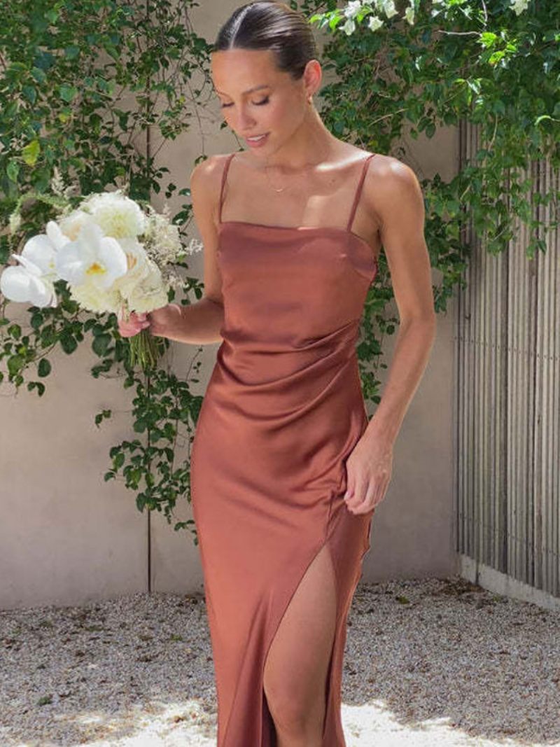 Robe D'été Pour Femmes Bretelles Col Fendu Sur Le Devant Fente Haute Bal Longue Beige - Marron Café