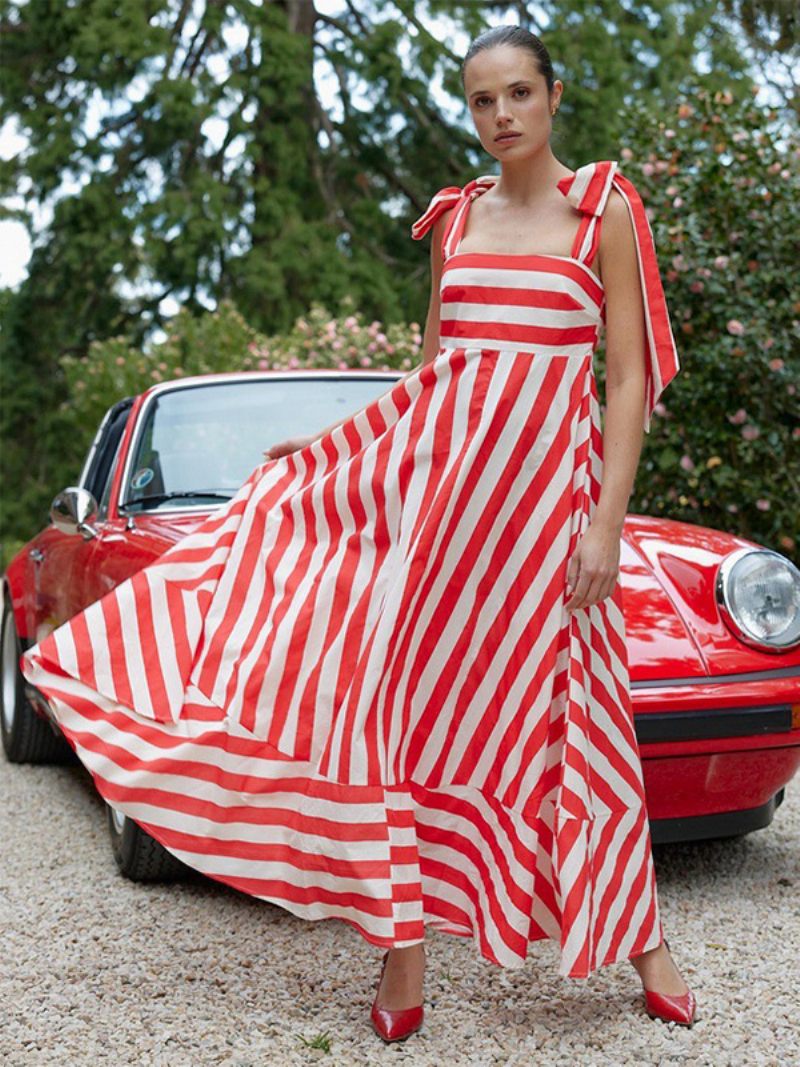 Robe D'été Pour Femmes Bretelles Rayures Au Cou À Lacets Bleu Ciel Clair Longue Plage