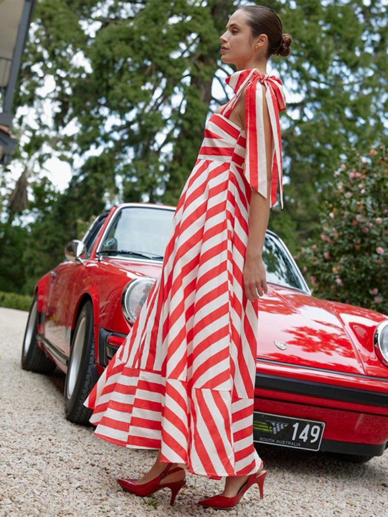 Robe D'été Pour Femmes Bretelles Rayures Au Cou À Lacets Bleu Ciel Clair Longue Plage - Rouge