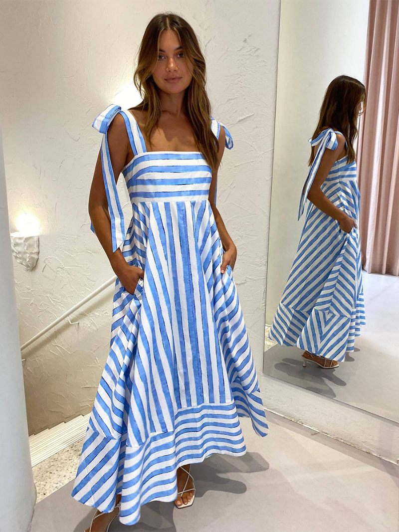 Robe D'été Pour Femmes Bretelles Rayures Au Cou À Lacets Bleu Ciel Clair Longue Plage - Bleu Ciel Clair