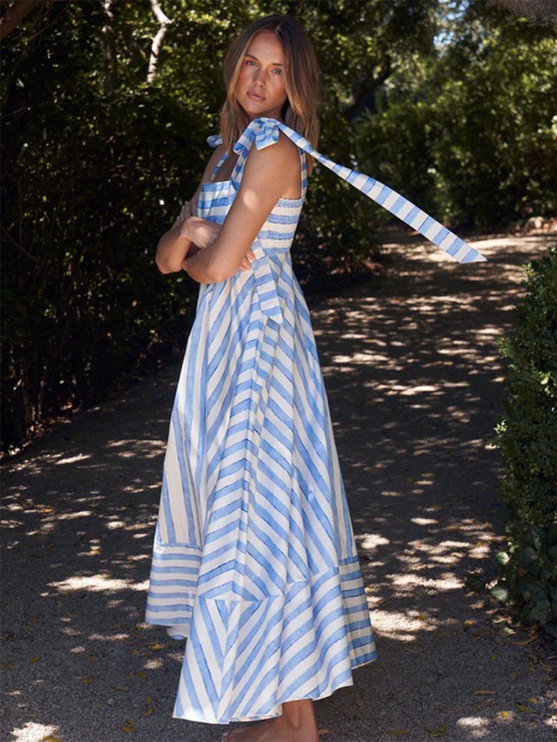 Robe D'été Pour Femmes Bretelles Rayures Au Cou À Lacets Bleu Ciel Clair Longue Plage - Bleu Ciel Clair