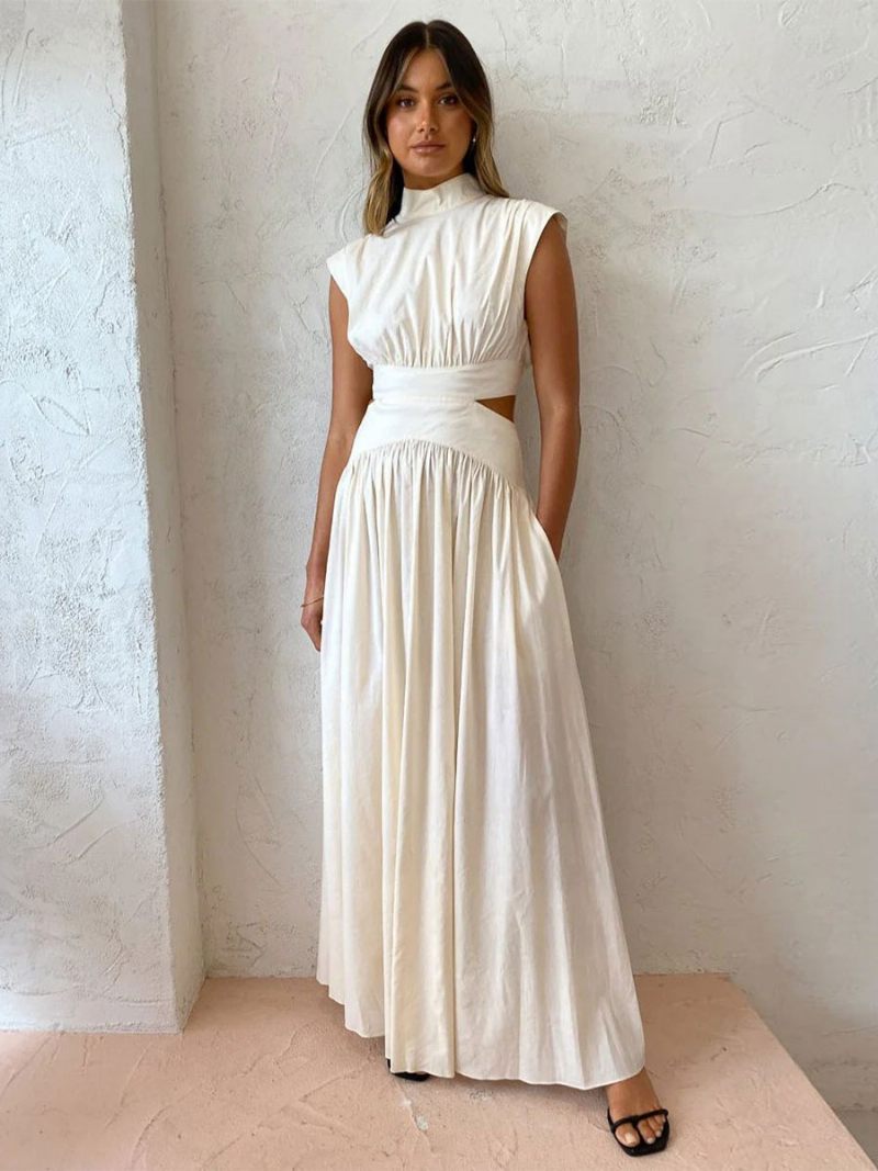 Robe D'été Pour Femmes Col Haut Plissée Dos Nu Longue Plage Blanche