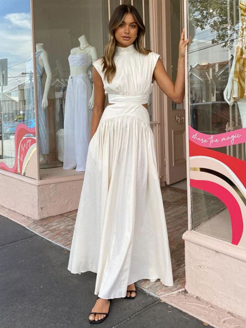 Robe D'été Pour Femmes Col Haut Plissée Dos Nu Longue Plage Blanche - Blanc