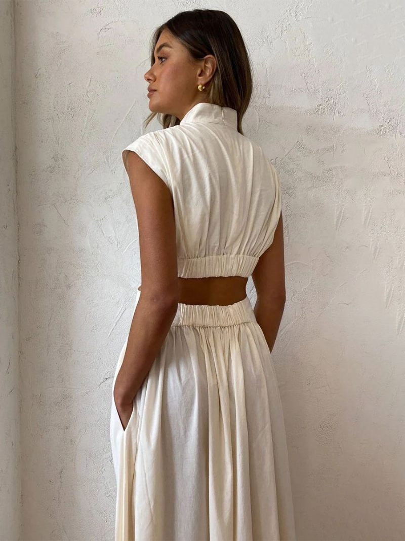 Robe D'été Pour Femmes Col Haut Plissée Dos Nu Longue Plage Blanche - Blanc