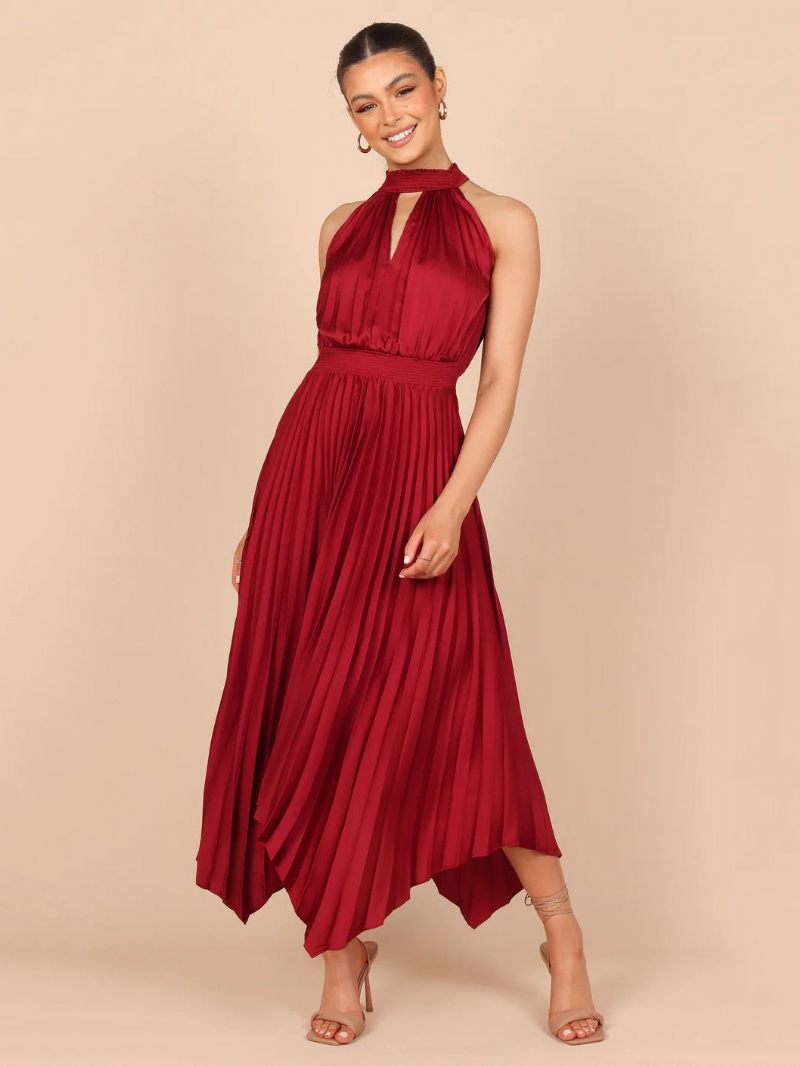 Robe D'été Longue Plissée À Col Haut Pour Femmes Tenue Plage Irrégulière Rose