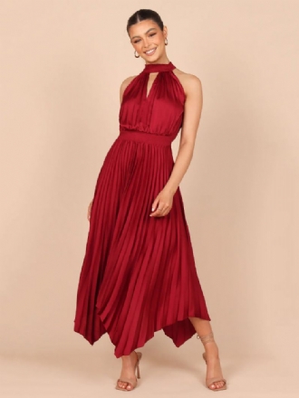 Robe D'été Longue Plissée À Col Haut Pour Femmes Tenue Plage Irrégulière Rose