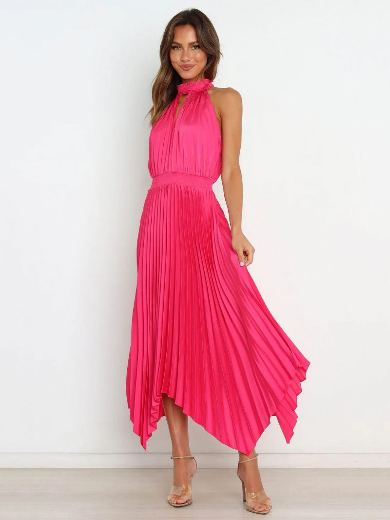 Robe D'été Longue Plissée À Col Haut Pour Femmes Tenue Plage Irrégulière Rose - Rose