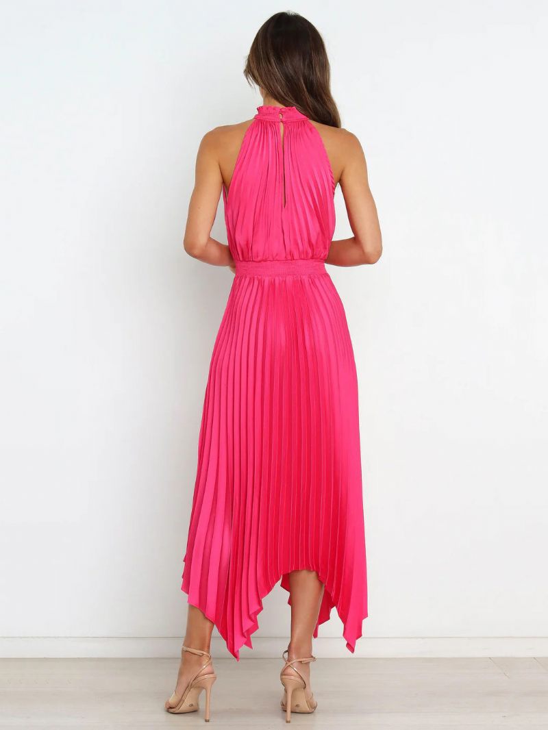 Robe D'été Longue Plissée À Col Haut Pour Femmes Tenue Plage Irrégulière Rose - Rose