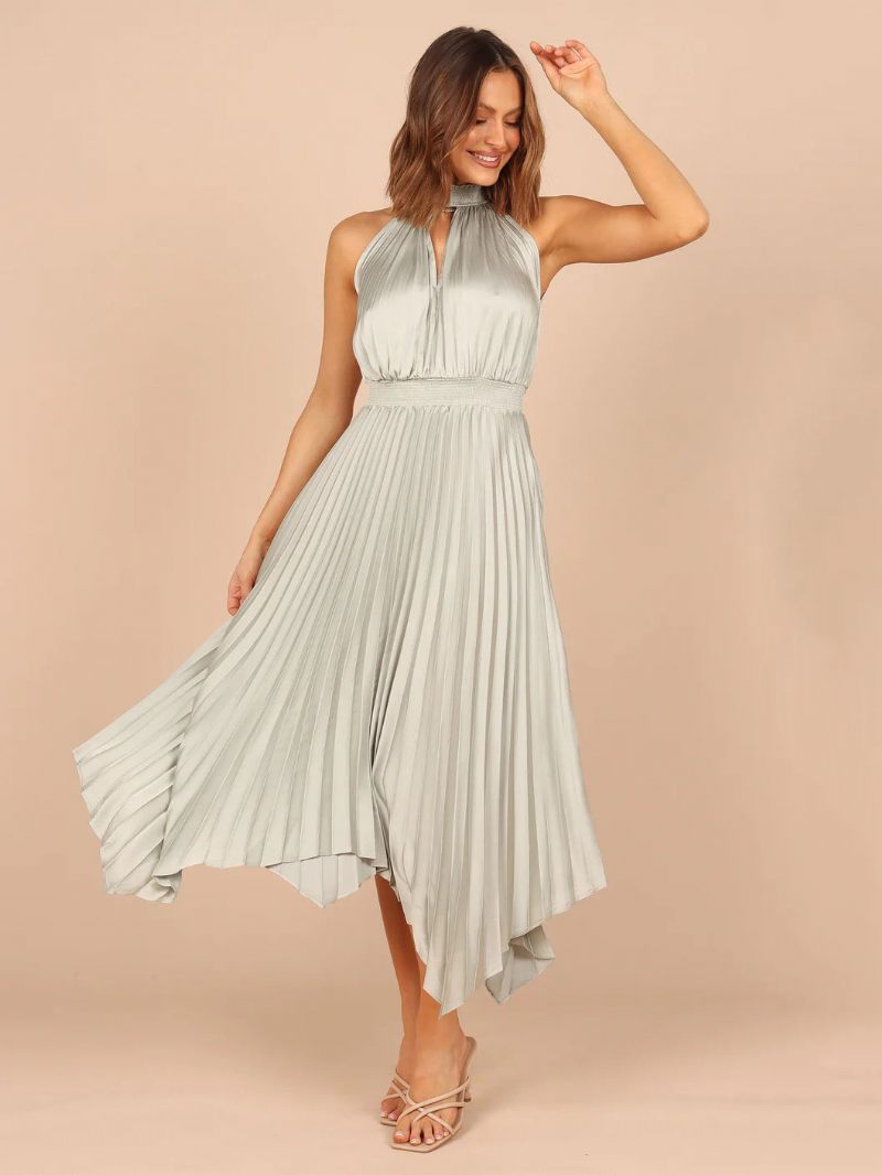 Robe D'été Longue Plissée À Col Haut Pour Femmes Tenue Plage Irrégulière Rose - Gris Clair