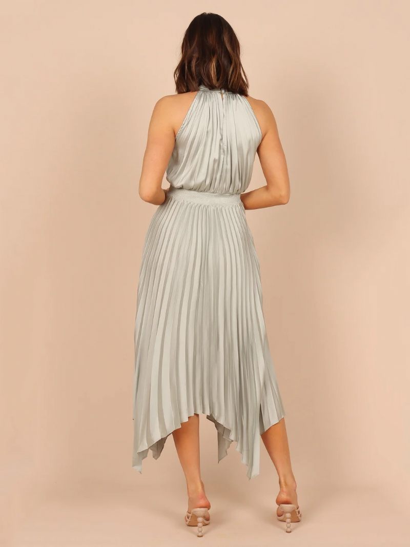 Robe D'été Longue Plissée À Col Haut Pour Femmes Tenue Plage Irrégulière Rose - Gris Clair