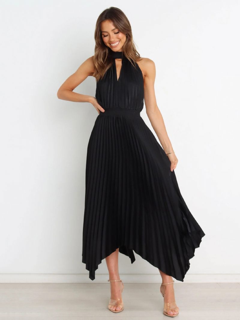 Robe D'été Longue Plissée À Col Haut Pour Femmes Tenue Plage Irrégulière Rose - Noir