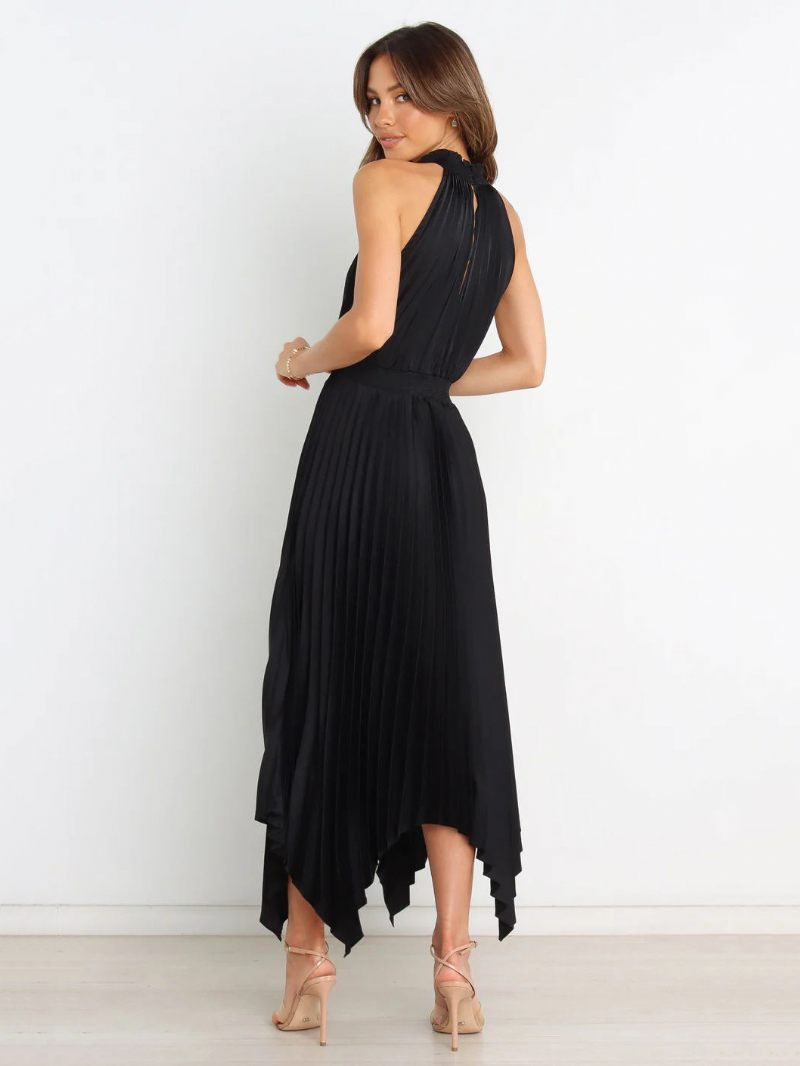 Robe D'été Longue Plissée À Col Haut Pour Femmes Tenue Plage Irrégulière Rose - Noir