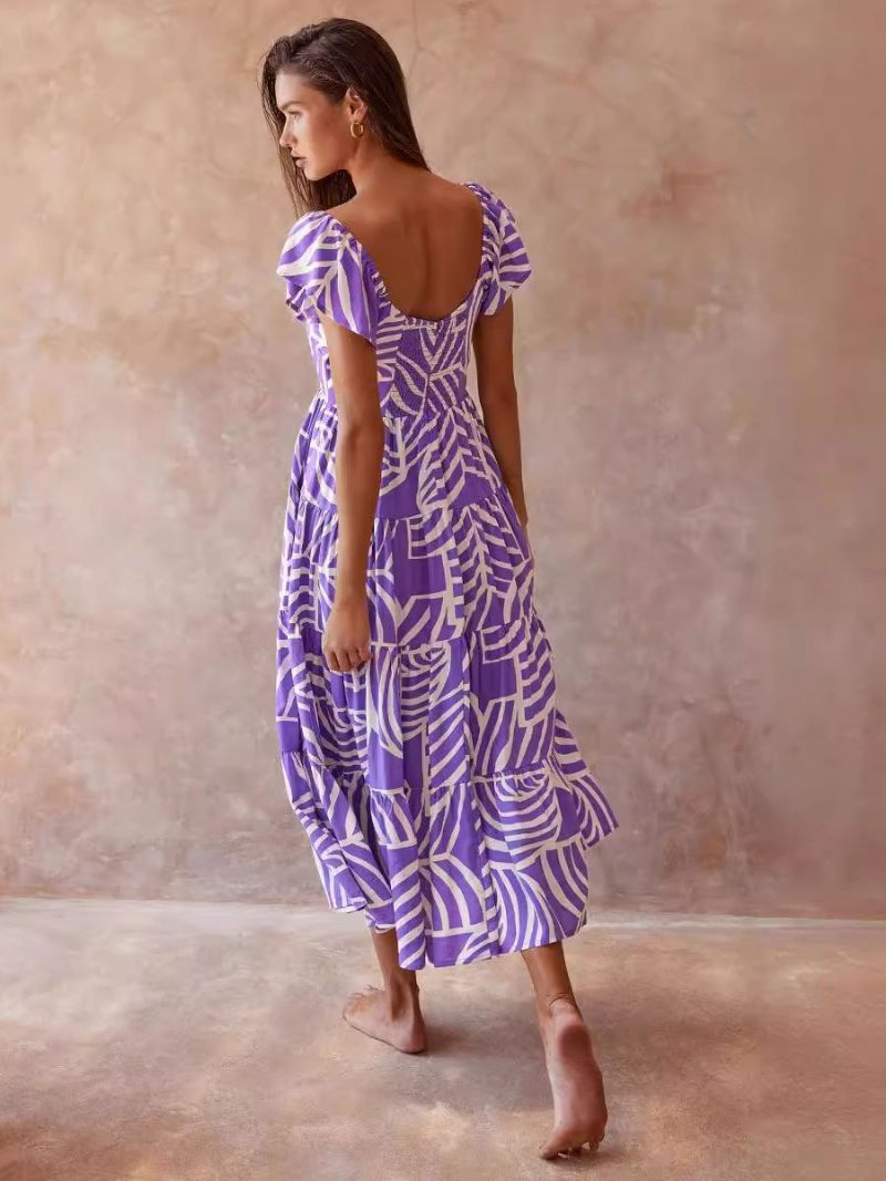 Robe Imprimée Pour Femmes Manches Cape À Plusieurs Niveaux Encolure Dégagée Robes Mi-longues D'été Décontractées - Violet