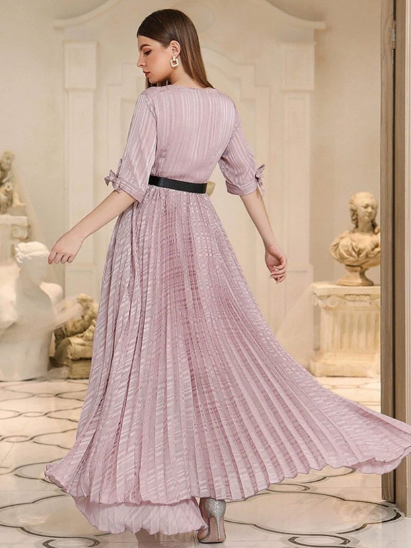 Robe Longue Col V Demi-manches Mousseline Soie Bal Pour Les Femmes - Rose