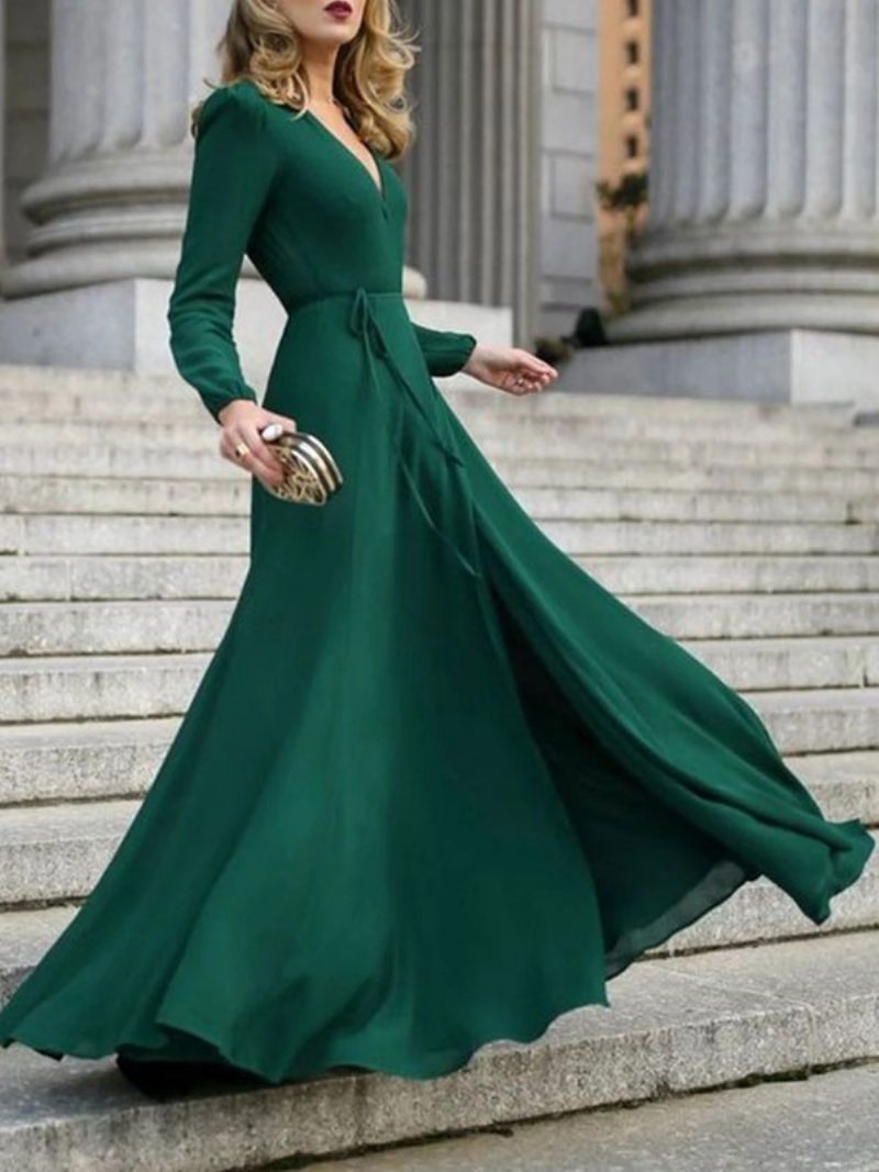 Robe Longue À Col V Pour Femme Avec Ceinture Épaules Fortes Et Robes Bal Trapèze - Vert Foncé