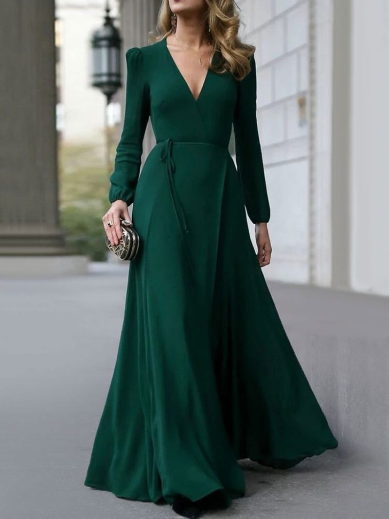 Robe Longue À Col V Pour Femme Avec Ceinture Épaules Fortes Et Robes Bal Trapèze - Vert Foncé