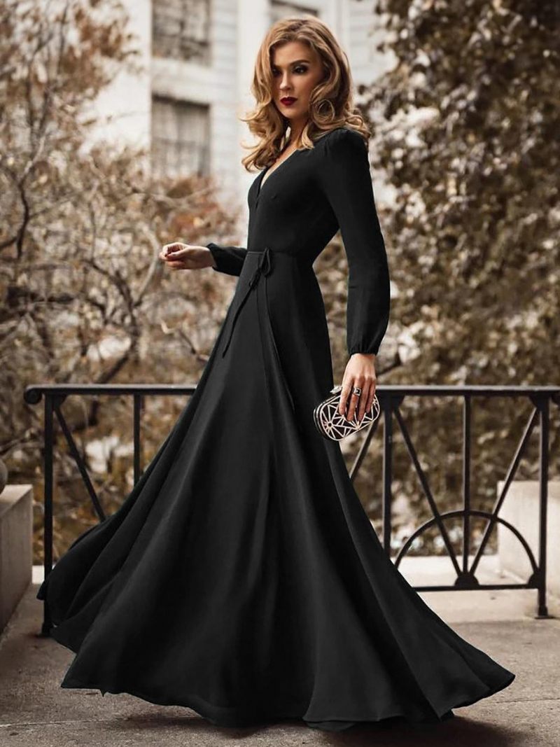 Robe Longue À Col V Pour Femme Avec Ceinture Épaules Fortes Et Robes Bal Trapèze - Noir