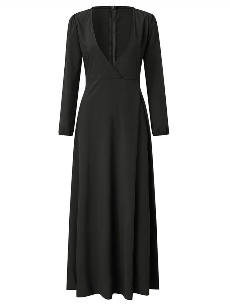 Robe Longue À Col V Pour Femme Avec Ceinture Épaules Fortes Et Robes Bal Trapèze - Noir