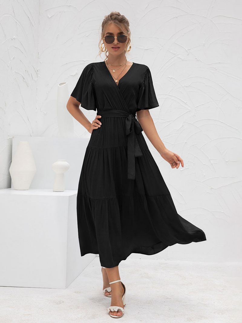 Robe Longue À Col V Pour Femmes Manches Courtes Décontractée Superposée Longueur Au Sol