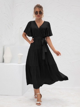 Robe Longue À Col V Pour Femmes Manches Courtes Décontractée Superposée Longueur Au Sol