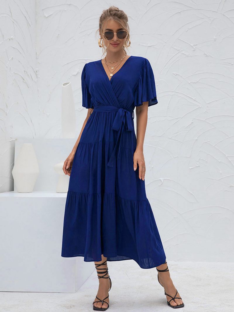 Robe Longue À Col V Pour Femmes Manches Courtes Décontractée Superposée Longueur Au Sol - Bleu Marine Foncé