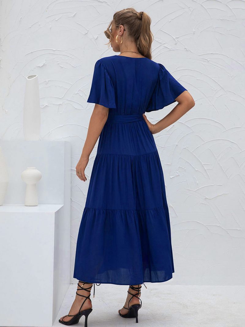 Robe Longue À Col V Pour Femmes Manches Courtes Décontractée Superposée Longueur Au Sol - Bleu Marine Foncé