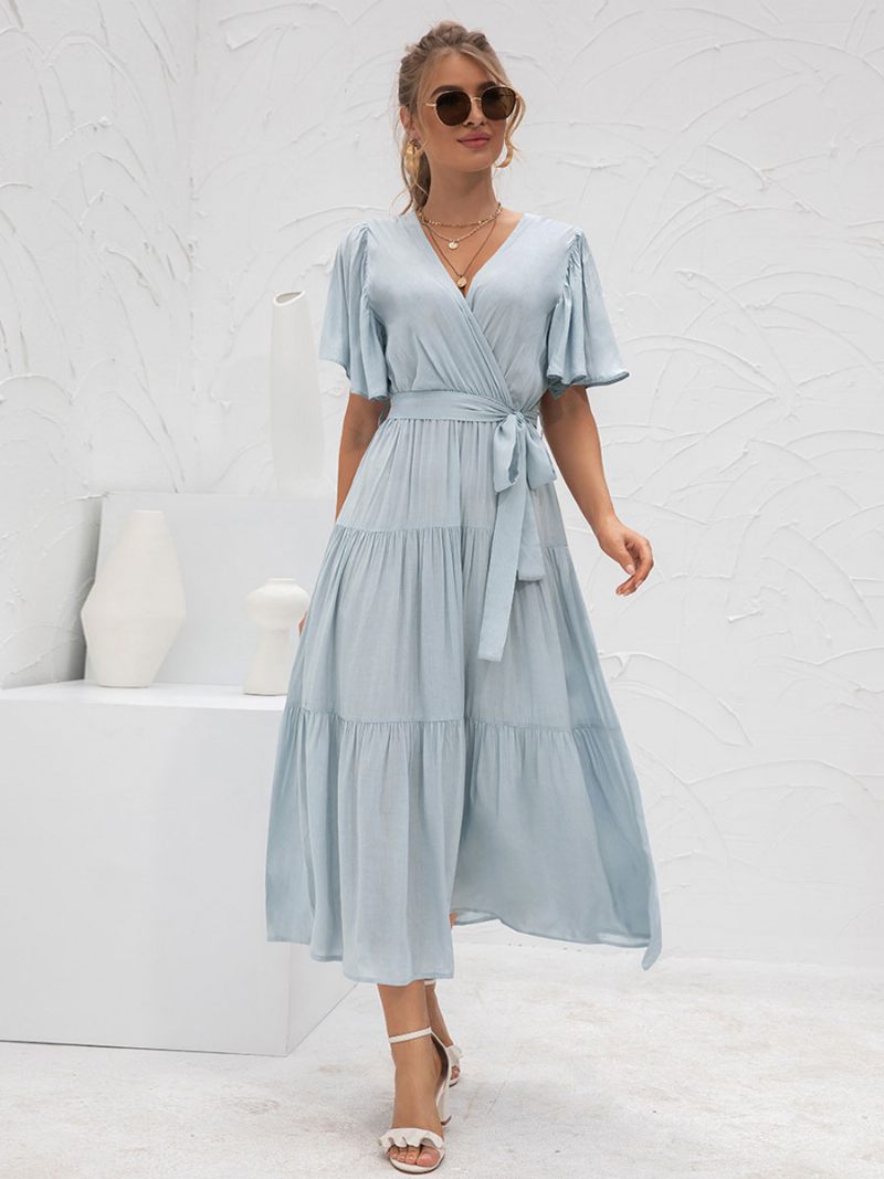 Robe Longue À Col V Pour Femmes Manches Courtes Décontractée Superposée Longueur Au Sol - Bleu Ciel Clair