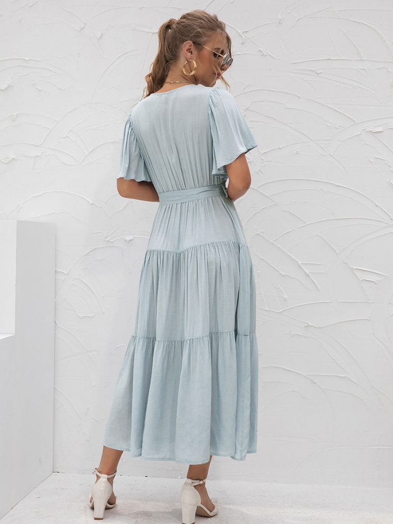 Robe Longue À Col V Pour Femmes Manches Courtes Décontractée Superposée Longueur Au Sol - Bleu Ciel Clair