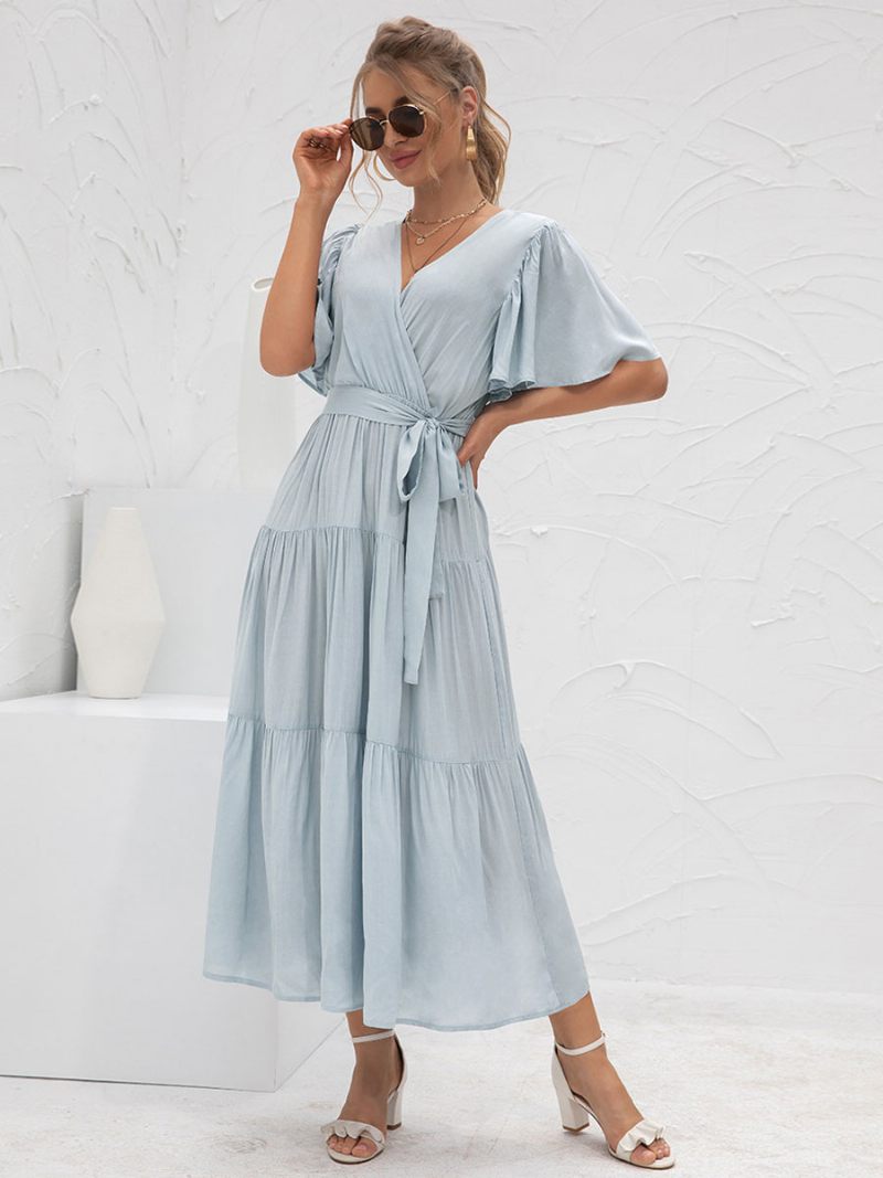 Robe Longue À Col V Pour Femmes Manches Courtes Décontractée Superposée Longueur Au Sol - Bleu Ciel Clair