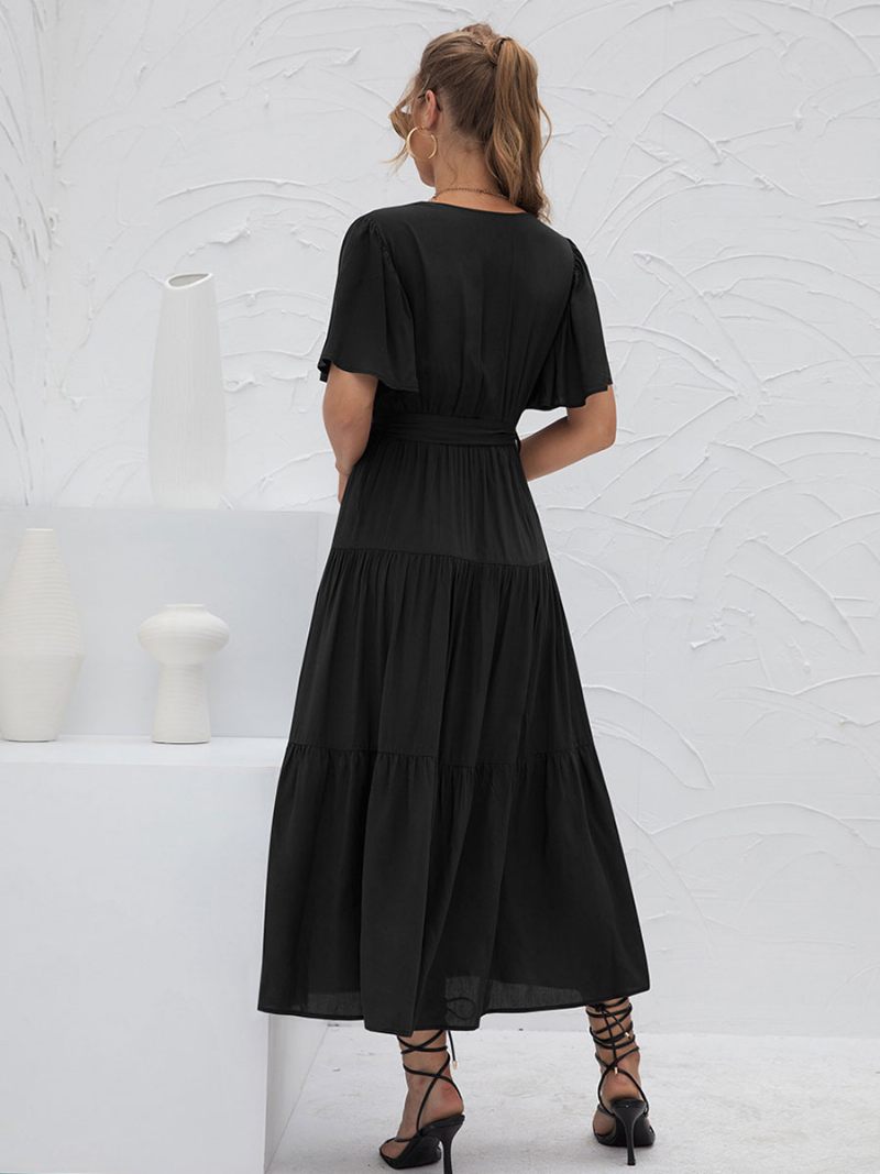 Robe Longue À Col V Pour Femmes Manches Courtes Décontractée Superposée Longueur Au Sol - Noir