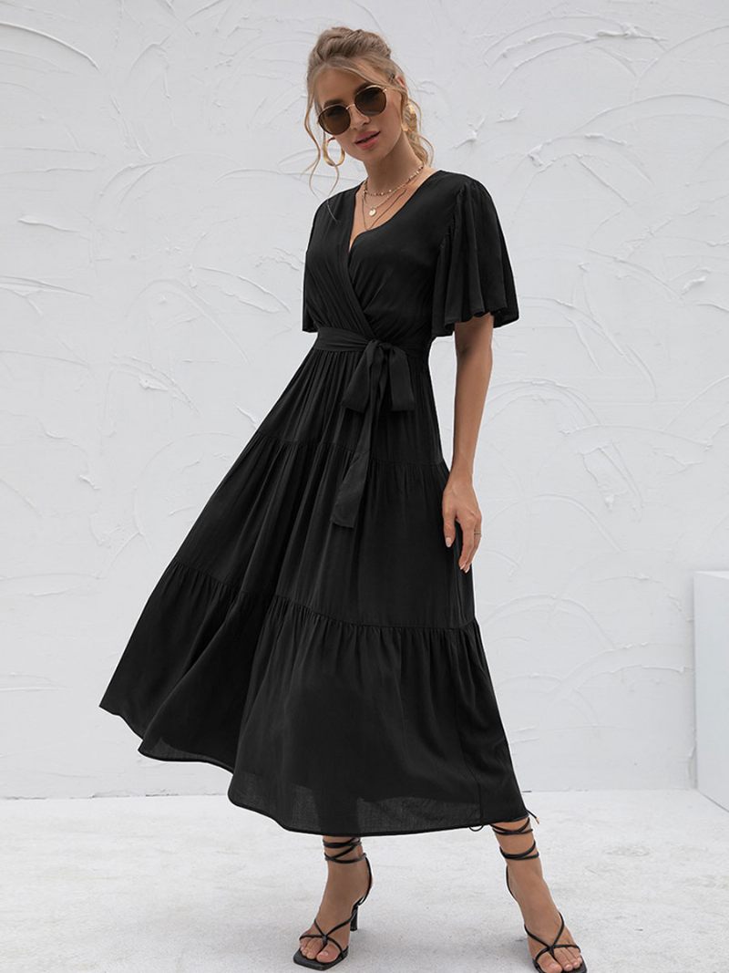 Robe Longue À Col V Pour Femmes Manches Courtes Décontractée Superposée Longueur Au Sol - Noir