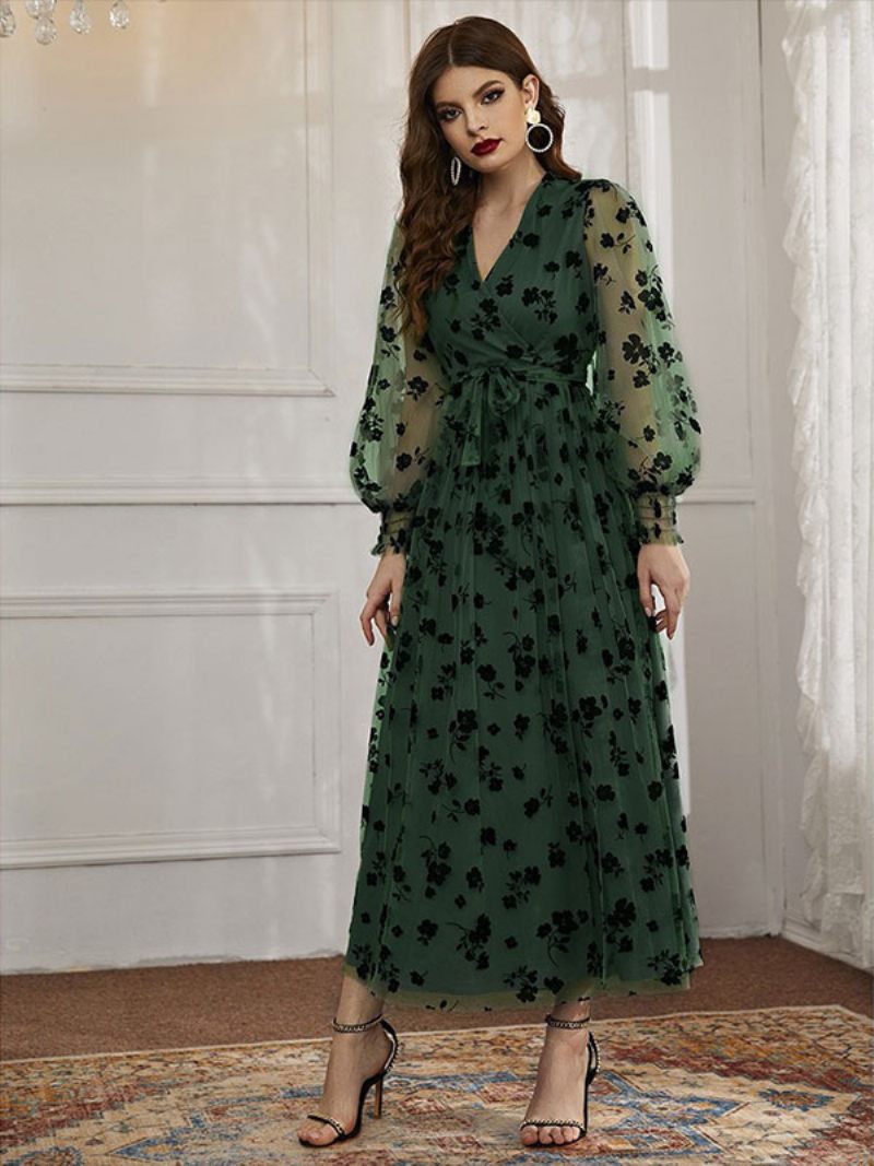 Robe Longue À Col V Pour Femmes Manches Longues Décontractée Imprimé Floral Dentelle Transparente - Vert