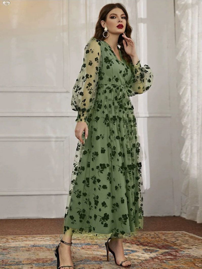 Robe Longue À Col V Pour Femmes Manches Longues Décontractée Imprimé Floral Dentelle Transparente - Vert Clair