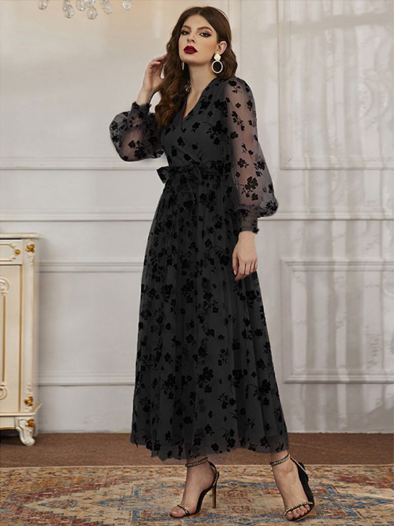 Robe Longue À Col V Pour Femmes Manches Longues Décontractée Imprimé Floral Dentelle Transparente - Noir