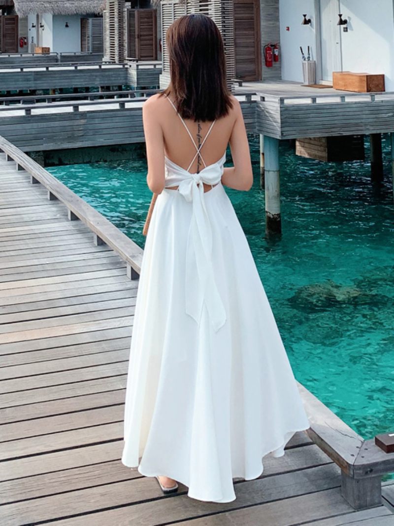 Robe Longue À Col V Pour Femmes Sans Manches Dos Nu Avec Nœuds Plage - Blanc