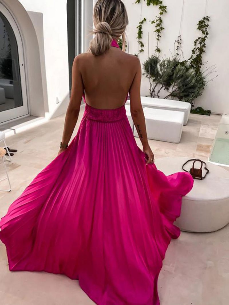 Robe Longue Dos Nu Plissée Sans Manches Pour Femmes Robes Bal Élégantes - Rose