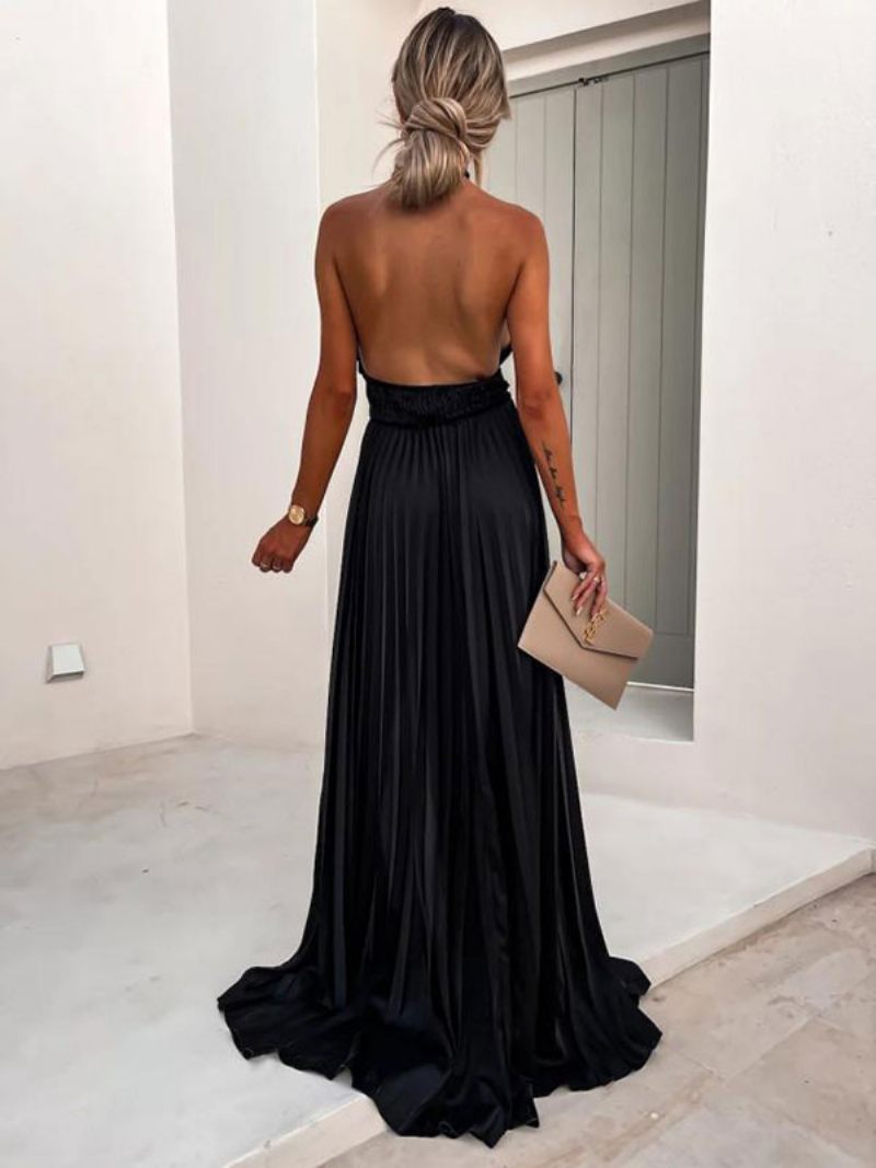 Robe Longue Dos Nu Plissée Sans Manches Pour Femmes Robes Bal Élégantes - Noir