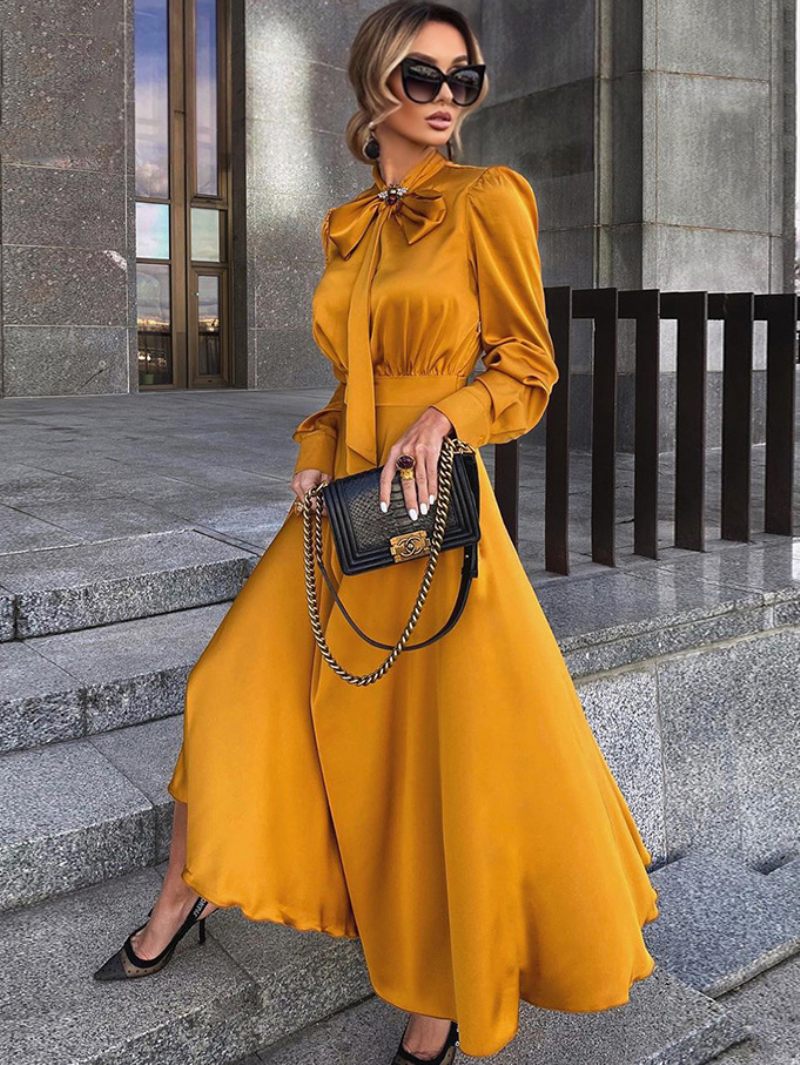 Robe Longue Femme Orange Jaune Col Rabattu Manches Longues Maxi