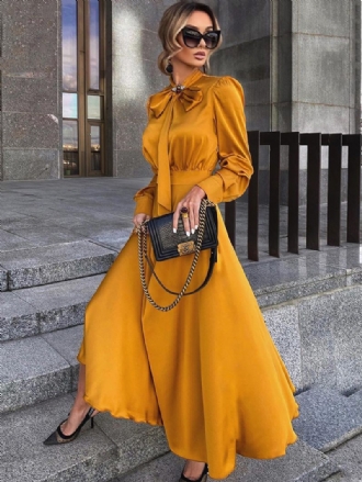 Robe Longue Femme Orange Jaune Col Rabattu Manches Longues Maxi